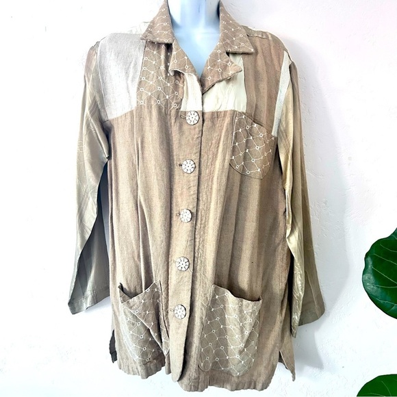 NEIL & DAVID Vintage Linen Lagenlook Patchwork Mixed Media Shirt Jacket Size S - Picture 1 of 13